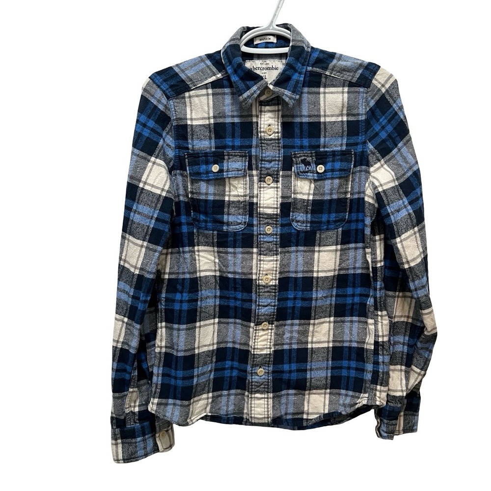 Abercrombie Kids Boys XL Blue Plaid Flannel Muscle Fit Button Down Shirt Logo